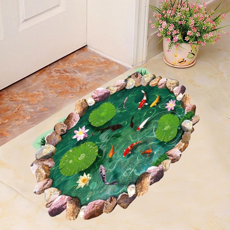 BIBITIME 3D Floor Stickers 22.83" x 34.84" Stone Pool Lotus Flower Carp Fishes Wall Decal for Kitchen Bathroom Tile Sticker Living Room Bedroom Kids Room Decor Art Mural Peel and Stick - Image 3